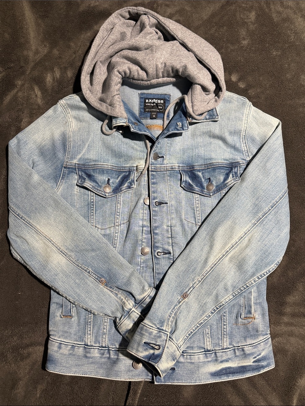 Express Light Blue Denim Jacket with Gray Attached Hood